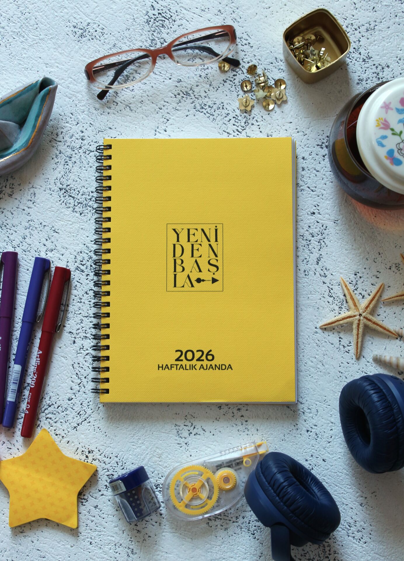 YENİDEN BAŞLA BASİC AJANDA 2026 HAFTALIK AJANDA DOKULU SERİ SARI